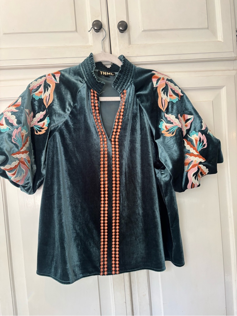THML Teal Velvet Embroidered Puff-Sleeve Tunic with Coral Bead Trim